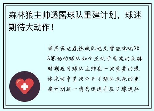 森林狼主帅透露球队重建计划，球迷期待大动作！