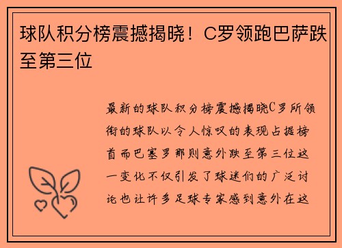 球队积分榜震撼揭晓！C罗领跑巴萨跌至第三位